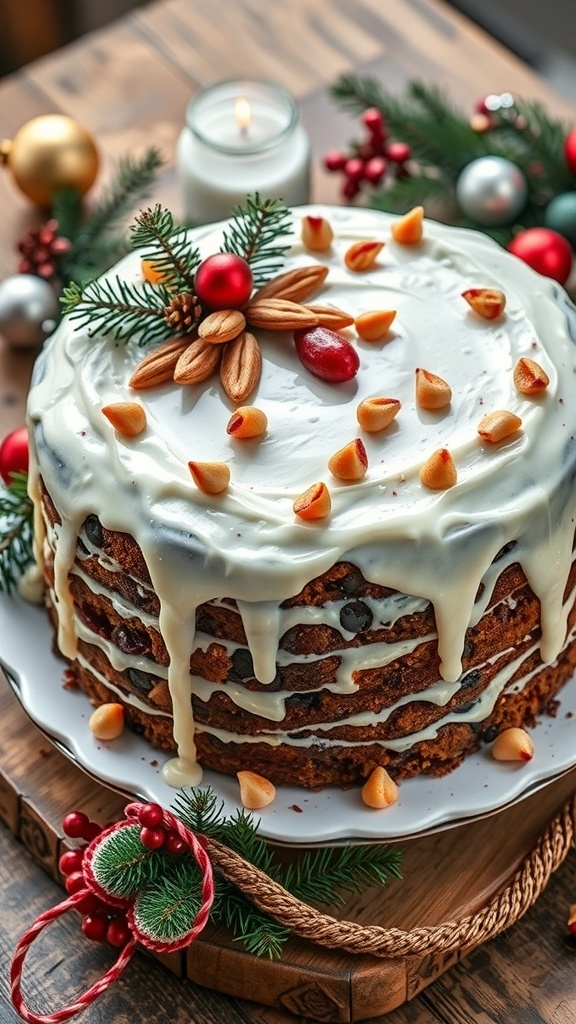 Classic Christmas Cake Recipe (1kg) A traditional Christmas cake with white icing and festive decorations on a wooden table.
